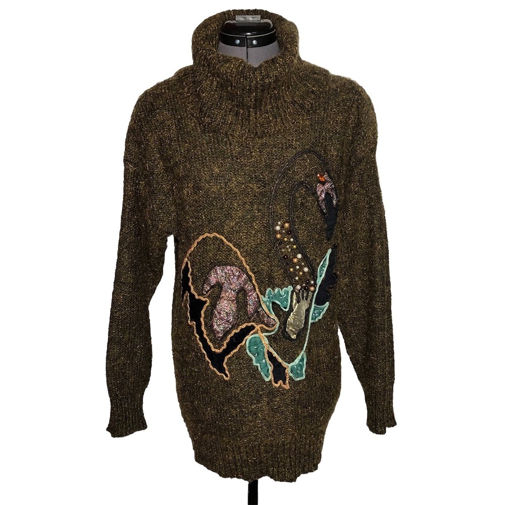 Vtg 80s Flamingo Sweater Funky Statement Novelty Beaded Animal Turtleneck M B42"